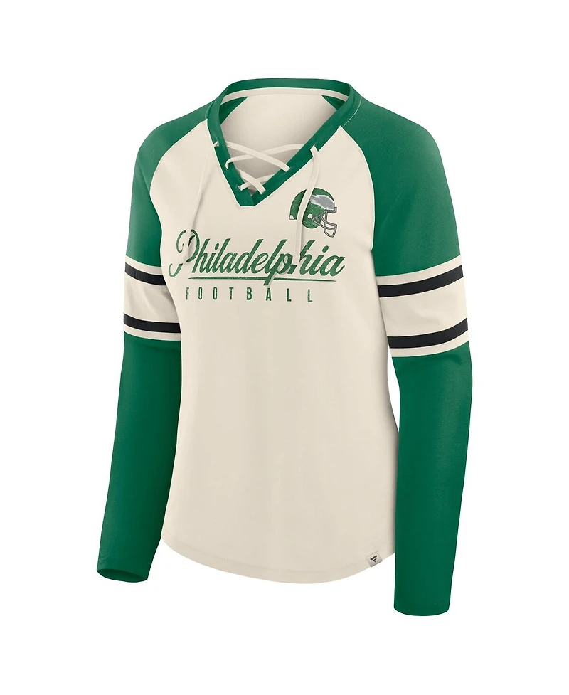 Fanatics Women's Cream/Kelly Green Philadelphia Eagles Hometown Gridiron Hero Raglan Lace-Up V-Neck Long Sleeve T-Shirt