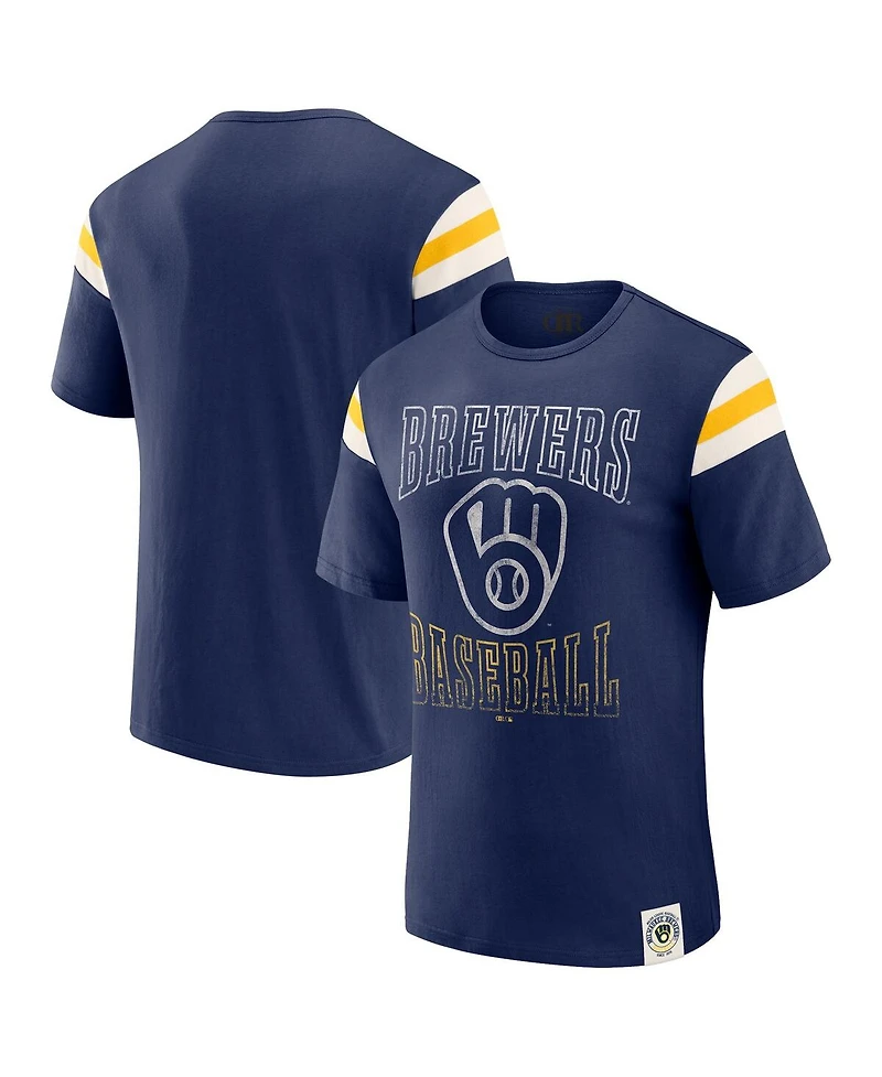 Darius Rucker Collection by Fanatics Men's Navy Milwaukee Brewers Distressed Sleeve Stripe T-Shirt
