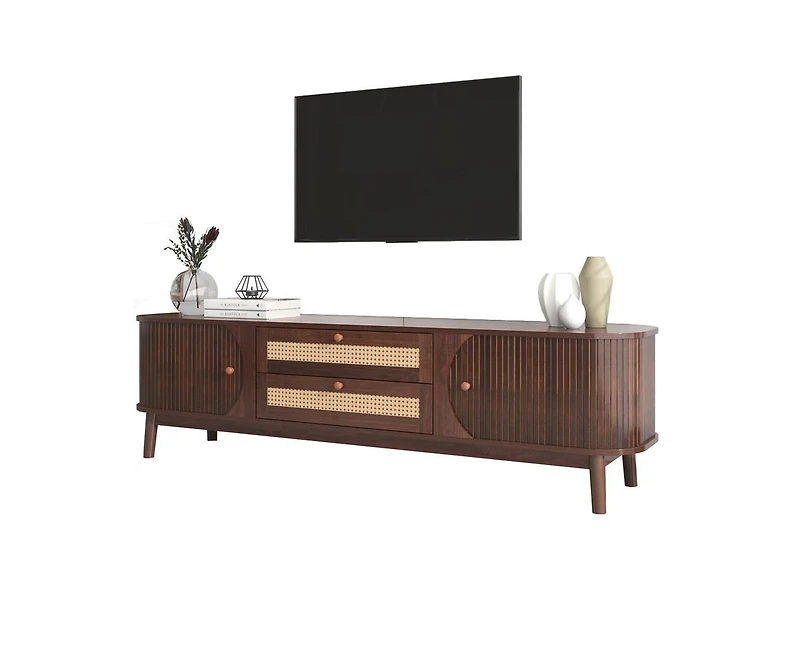 Casainc Rattan Tv Stand for TVs up to 75", Modern Farmhouse Media Console, Entertainment Center with Solid Wood Legs
