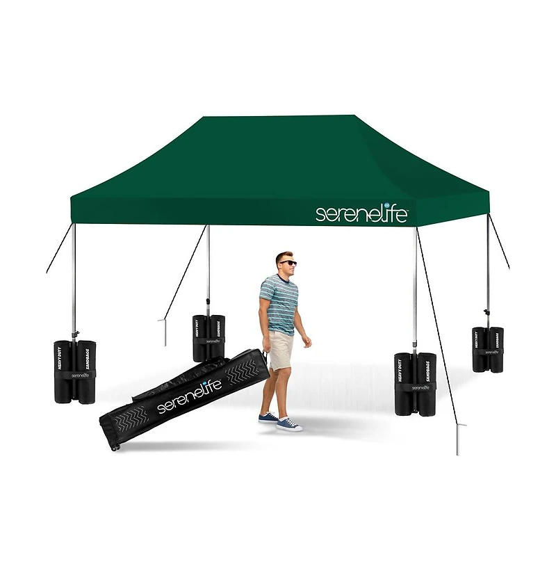 Pop Commercial Instant Shelter 10x15 ft Waterproof Polyester Tent Portable Wheeled Carry Sand Bag Forest Green