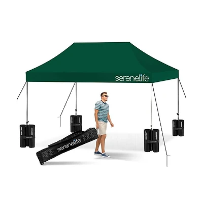Pop Commercial Instant Shelter 10x15 ft Waterproof Polyester Tent Portable Wheeled Carry Sand Bag Forest Green