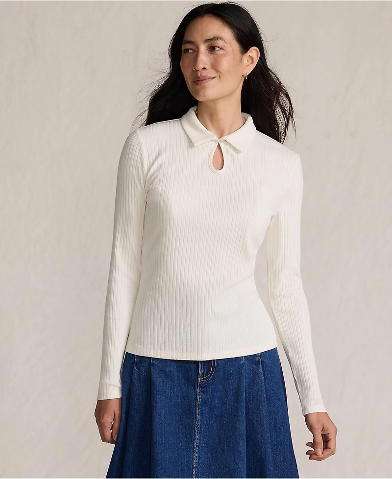 Lands' End Women's Long Sleeve Pointelle Rib Keyhole Polo Top