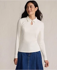 Lands' End Women's Long Sleeve Pointelle Rib Keyhole Polo Top