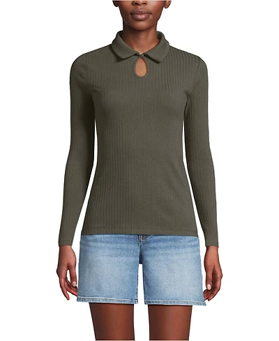 Lands' End Women's Long Sleeve Pointelle Rib Keyhole Polo Top