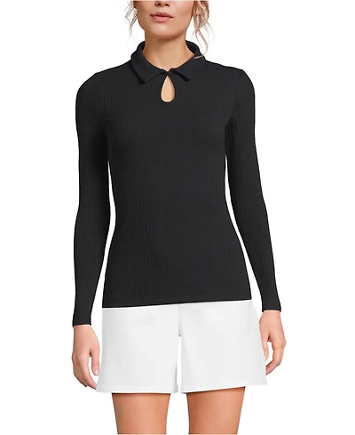 Lands' End Women's Long Sleeve Pointelle Rib Keyhole Polo Top