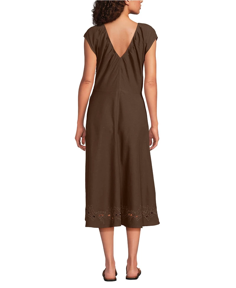 Lands' End Women's Cotton Blend Short Sleeve Midi Dress with Cutwork