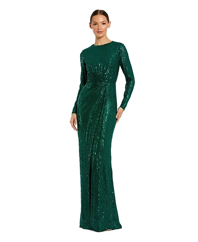 Mac Duggal Women's Sequined Long Sleeve Side Knot Gown