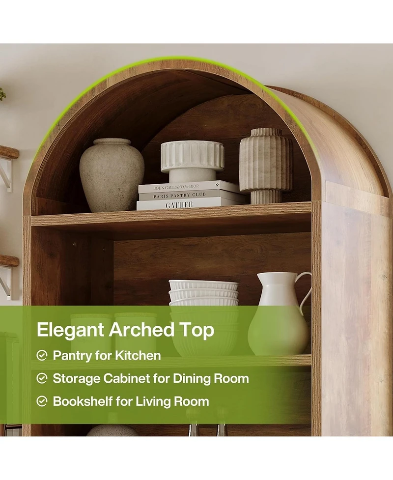 Tribesigns 71" Tall Arched Kitchen Pantry, Farmhouse Wooden Kitchen Cabinet, Free-Standing Versatile Cupboard, Brown