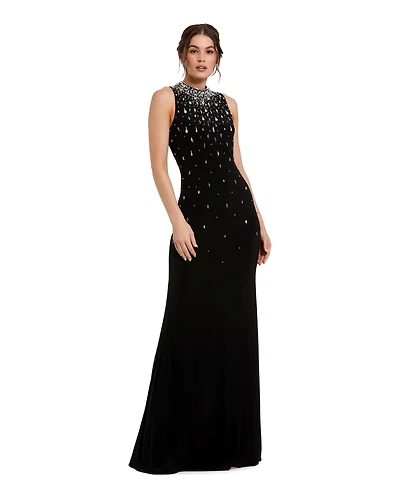 Mac Duggal Women's High Neck Sleeveless Beaded Jersey Fitted Gown
