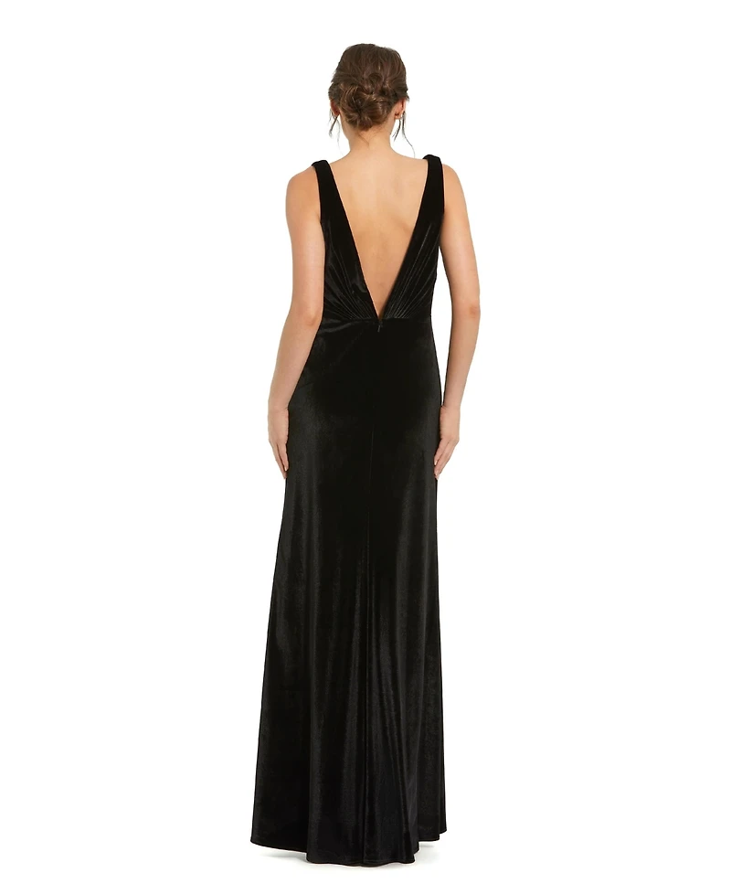 Mac Duggal Women's Deep V High Slit Draped Velvet Fitted Gown