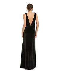 Mac Duggal Women's Deep V High Slit Draped Velvet Fitted Gown