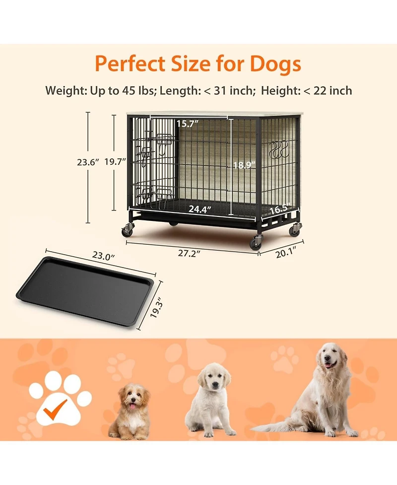 27" Grey & Black Modern Furniture-Style Dog Crate with Double Door, 360° Rotating Wheels, Anti-Slip Feet & Divider, End Table Design