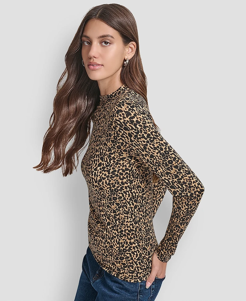 Dkny Jeans Women's Side Ruched High Neck Long Sleeve Top With Rhinestud Logo