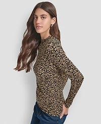 Dkny Jeans Women's Side Ruched High Neck Long Sleeve Top With Rhinestud Logo