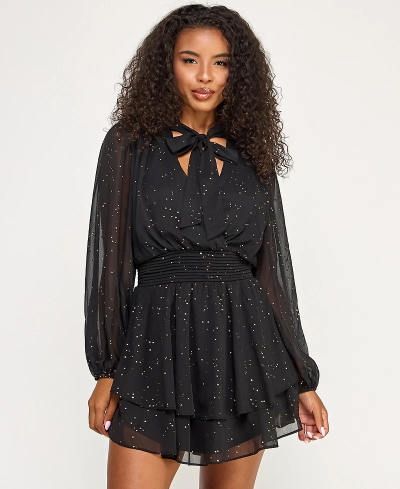 City Studios Juniors' Long Sleeve Foil Dot Tie Dress