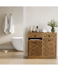 Tribesigns Modern Kitchen Island with Double Tilt-Out Trash Cabinet, 13 Gallon Fluted Storage Cabinet with 2 Drawers & Hidden Trash Bins, Rustic Brown