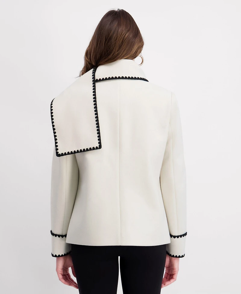 Kensie Women's Scarf Collar Faux Wool Jacket with Whipstitch Detail