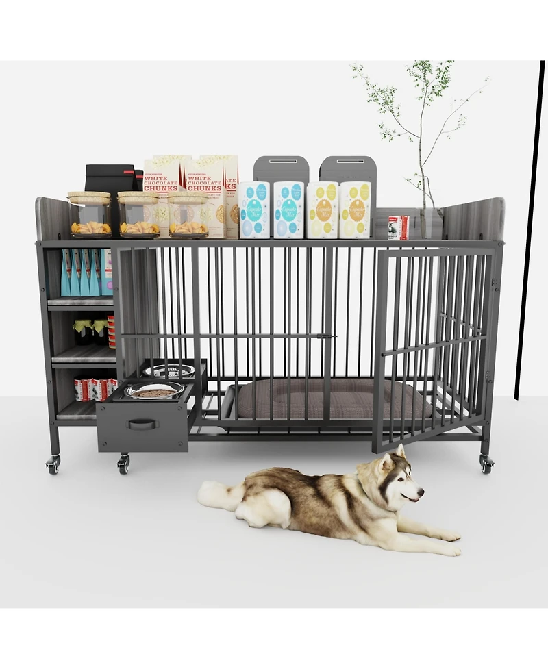 Aostirmotor 57 in. W x 33 in. H x 24 in. D Large Pet Cage with Storage Rack Drawers with Stainless Steel Food in Black