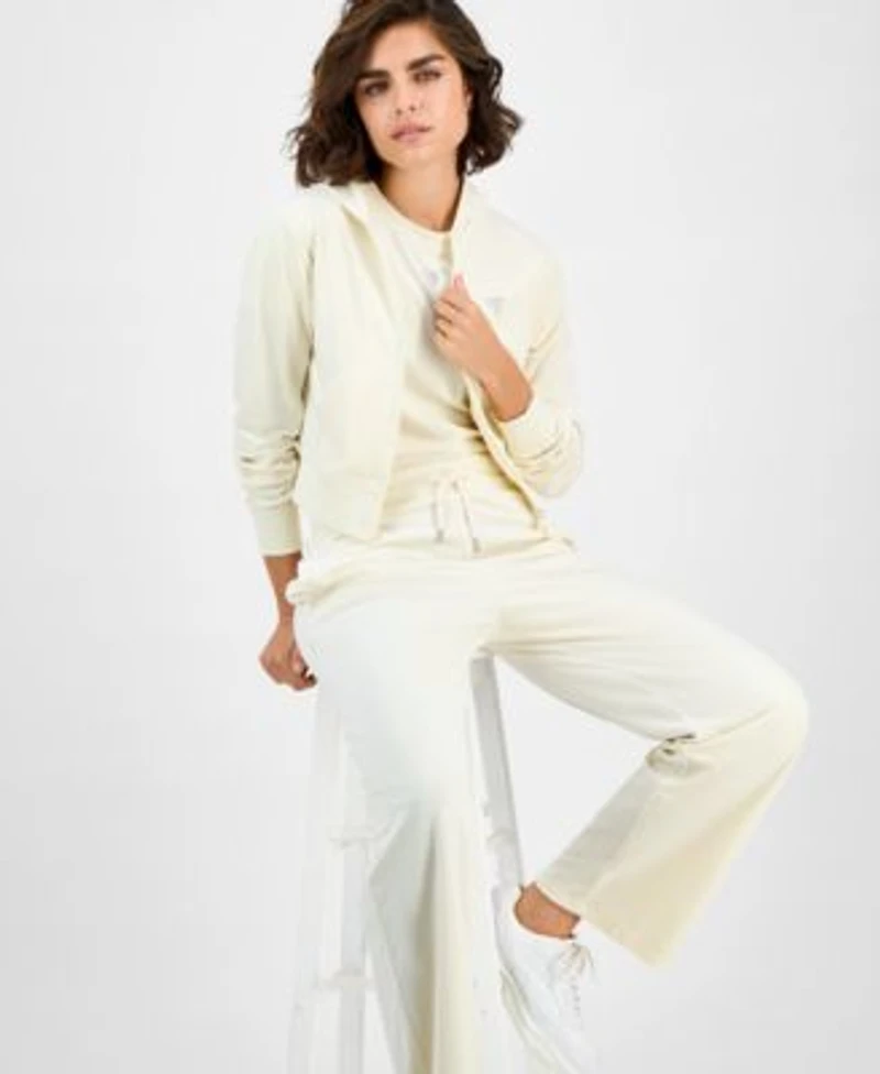 Guess Womens Couture Cropped Velour Hoodie Couture Short Sleeve T Shirt Straight Leg Velour Pants