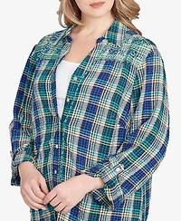 Ruby Rd. Plus Embroidered Plaid Button Down Top