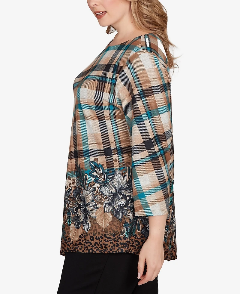 Ruby Rd. Plus Floral Plaid Cozy Ballet Neck Top