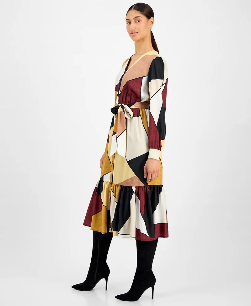 T Tahari Women's Printed Button-Front Midi Dress