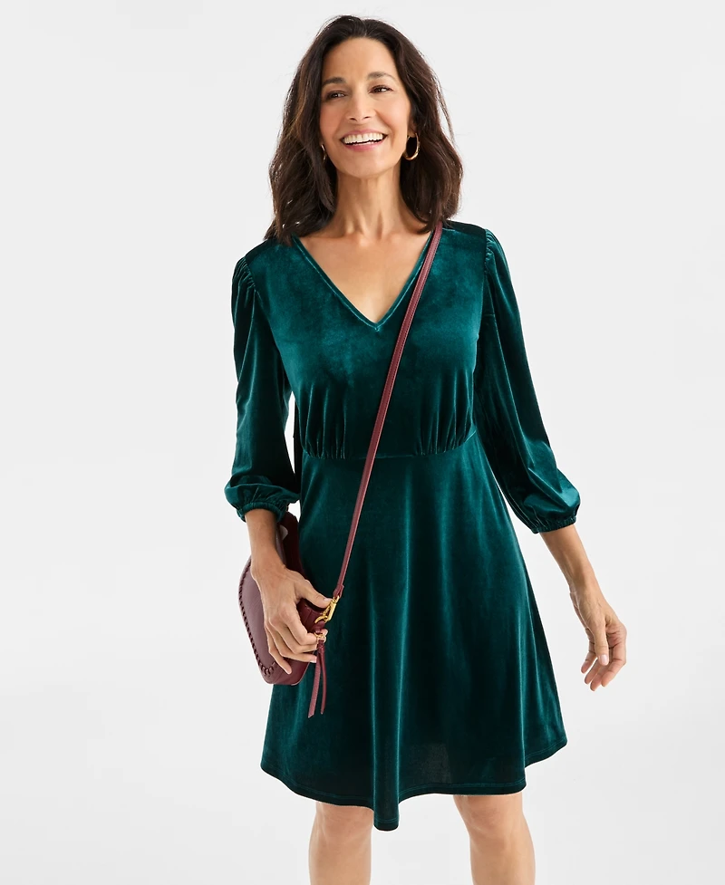 Style & Co Women's V-Neck Long-Sleeve Velvet Dress, Macy's Exclusive