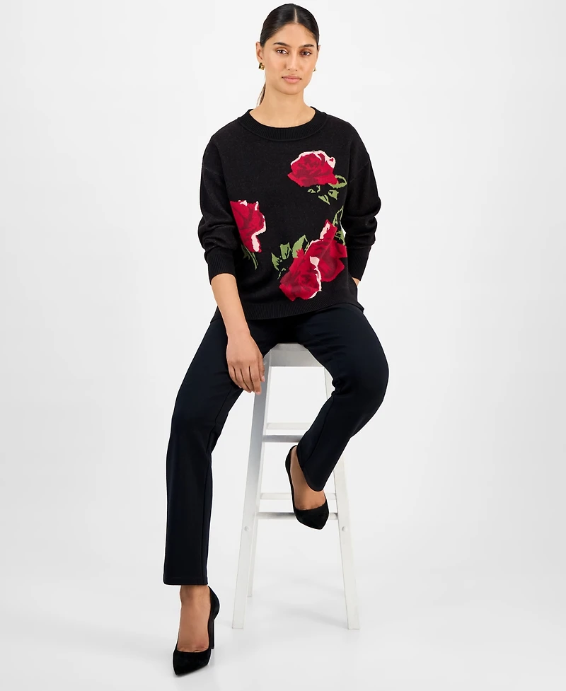 T Tahari Women's Rose-Print Crewneck Sweater