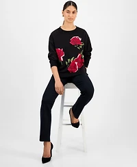 T Tahari Women's Rose-Print Crewneck Sweater
