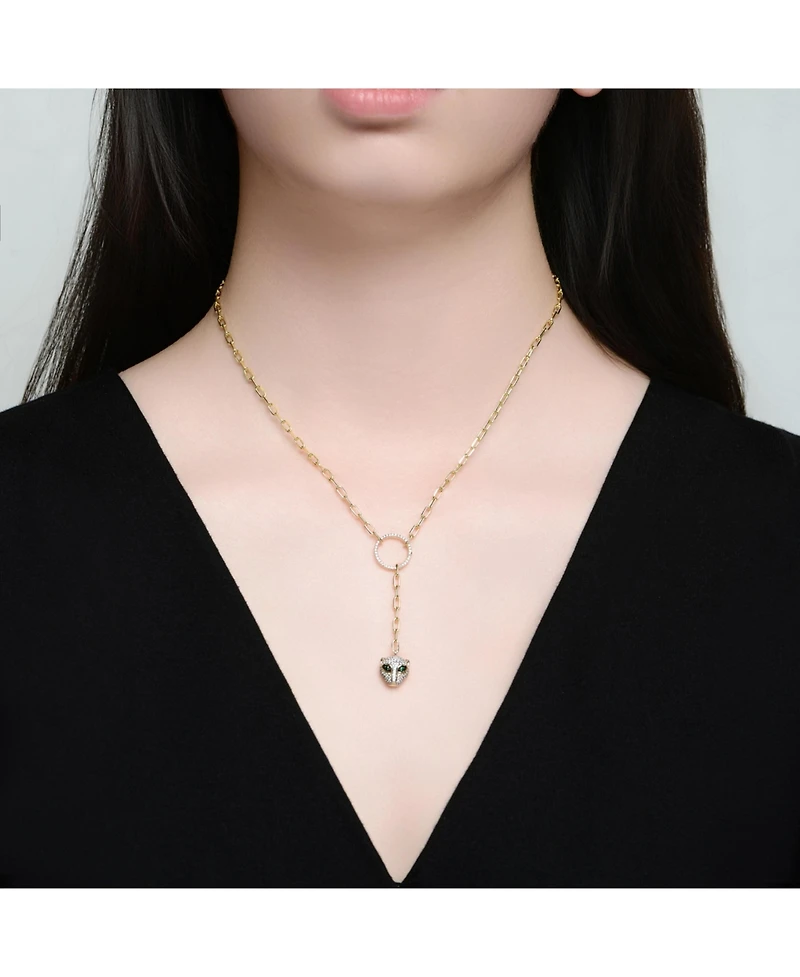 Rachel Glauber 14k Gold Plated with Green Cubic Zirconia Eyes Cat Head Link Chain Necklace