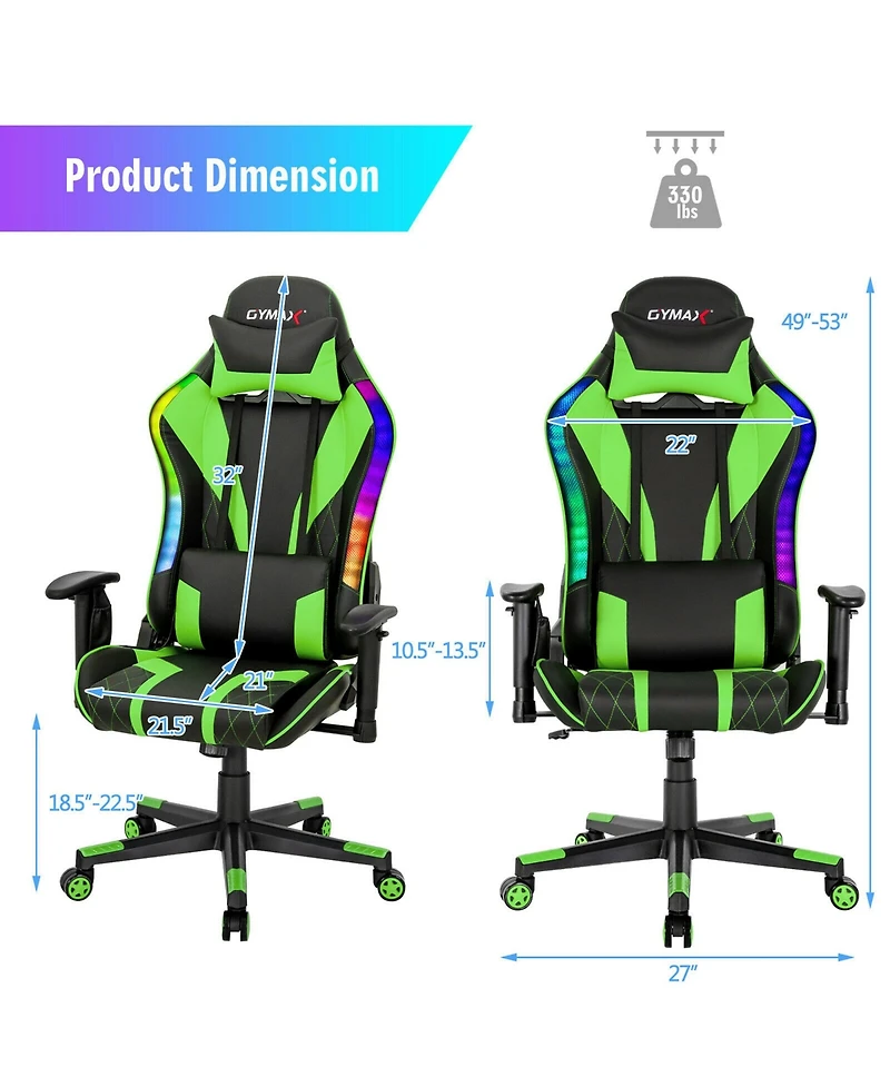 Gymax Gaming Chair Adjustable Swivel Computer w/ Dynamic Led Lights