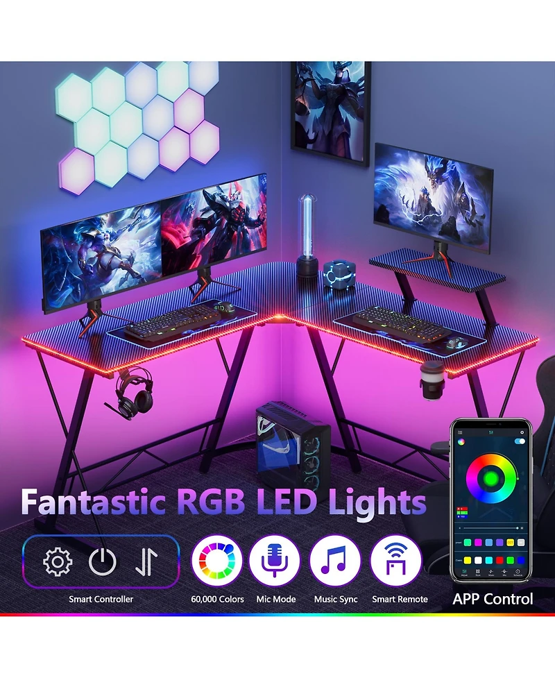Mr Ironstone L Shaped Gaming Desk with Led Lights Corner Computer Desk with Carbon Fiber Surface, L shaped desk, Home Office Desks Writing Workstation