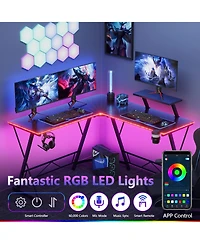 Mr Ironstone L Shaped Gaming Desk with Led Lights Corner Computer Desk with Carbon Fiber Surface, L shaped desk, Home Office Desks Writing Workstation