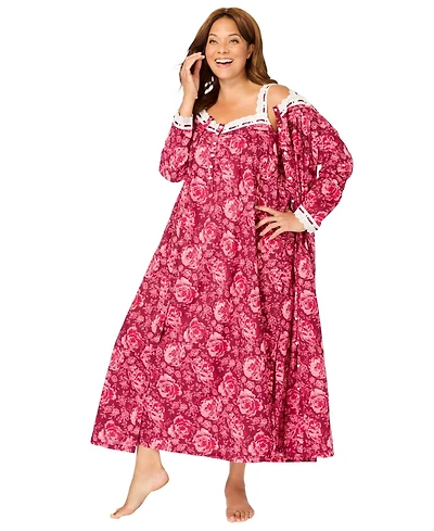Only Necessities Plus Long 2-Piece Cabbage-Rose Peignoir Set