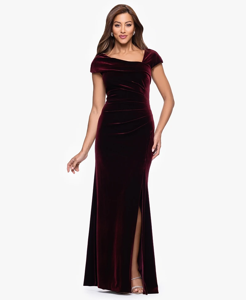 Xscape Women's Asymmetrical Neck Cap Sleeve Velvet Dress