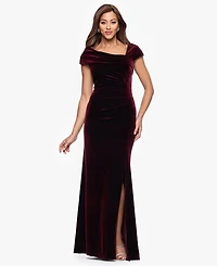 Xscape Women's Asymmetrical Neck Cap Sleeve Velvet Dress