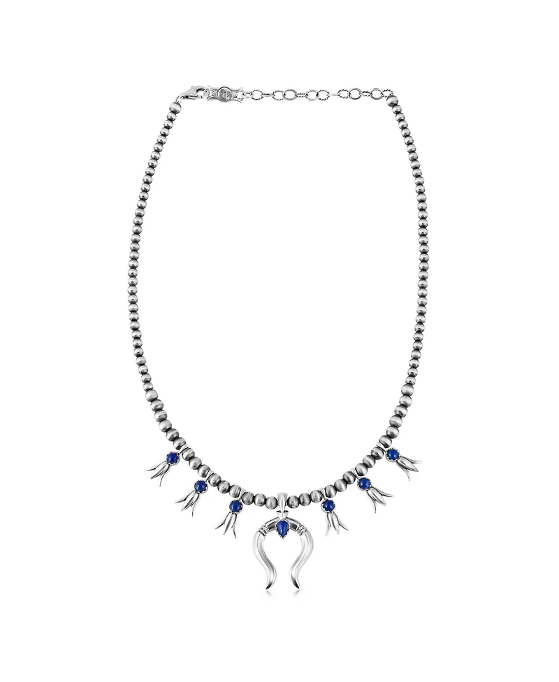 American West Jewelry Sterling Silver Lapis Beaded Squash Blossom Necklace, 16 to 19 Inches