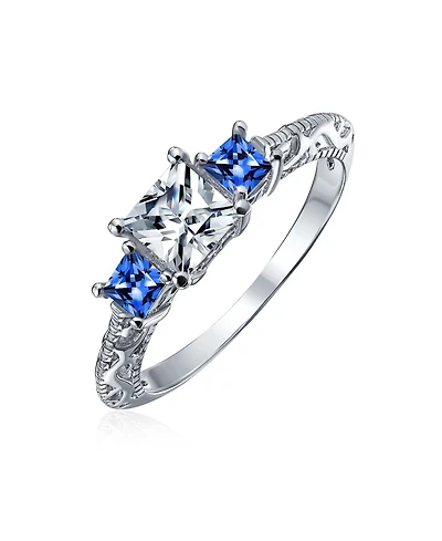 Bling Jewelry 3CT Cz Three Stone Past Present Future Cubic Zirconia Square Princess Cut Milgrain Filigree Promise Ring Sterling Silver