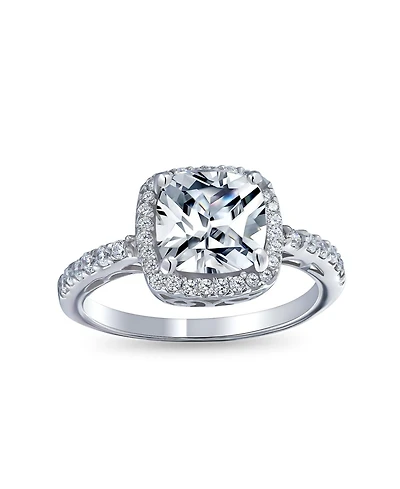 Bling Jewelry Classic 3CT Cubic Zirconia Halo Solitaire Square Cushion Cut Promise Ring Cz Pave Band Sterling Silver