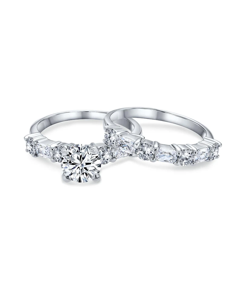 Bling Jewelry Art Deco Style 2CT Cubic Zirconia Princess Cut Solitaire & Cz Baguettes Encrusted Band Ring Set Sterling Silver