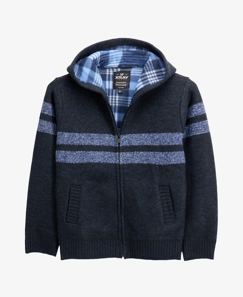 Xray Boys Hooded Flannel Lined Full Zip Sweater With Stripes