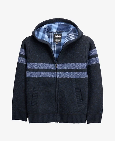 Xray Boys Hooded Flannel Lined Full Zip Sweater With Stripes