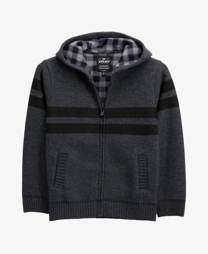 Xray Boys Hooded Flannel Lined Full Zip Sweater With Stripes
