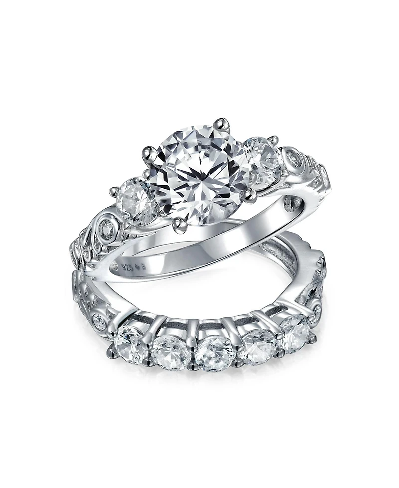 Bling Jewelry 3CT Round Solitaire Three Stone Promise Ring Set,Cubic Zirconia Past Present Future Cz Side Stones Gold Plated Sterling Silver,