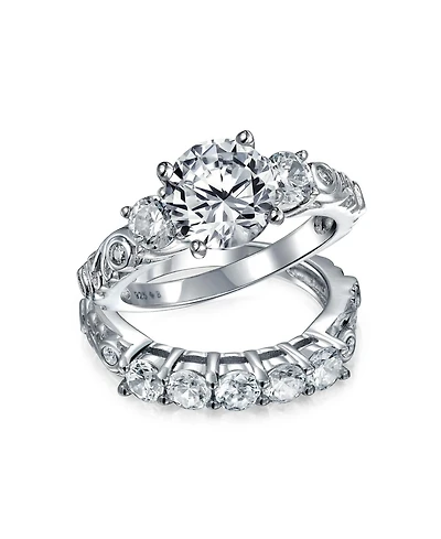 Bling Jewelry 3CT Round Solitaire Three Stone Promise Ring Set,Cubic Zirconia Past Present Future Cz Side Stones Gold Plated Sterling Silver,