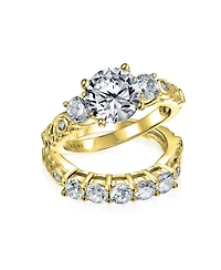 Bling Jewelry 3CT Round Solitaire Three Stone Promise Ring Set,Cubic Zirconia Past Present Future Cz Side Stones Gold Plated Sterling Silver,