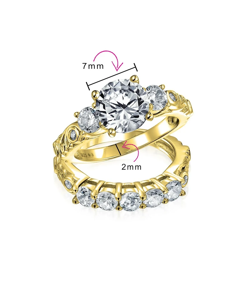 Bling Jewelry 3CT Round Solitaire Three Stone Promise Ring Set,Cubic Zirconia Past Present Future Cz Side Stones Gold Plated Sterling Silver,