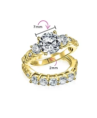 Bling Jewelry 3CT Round Solitaire Three Stone Promise Ring Set,Cubic Zirconia Past Present Future Cz Side Stones Gold Plated Sterling Silver,