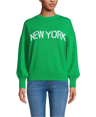 Lands' End Women's Cotton Drifter Novelty Jacquard Crew Neck Sweater