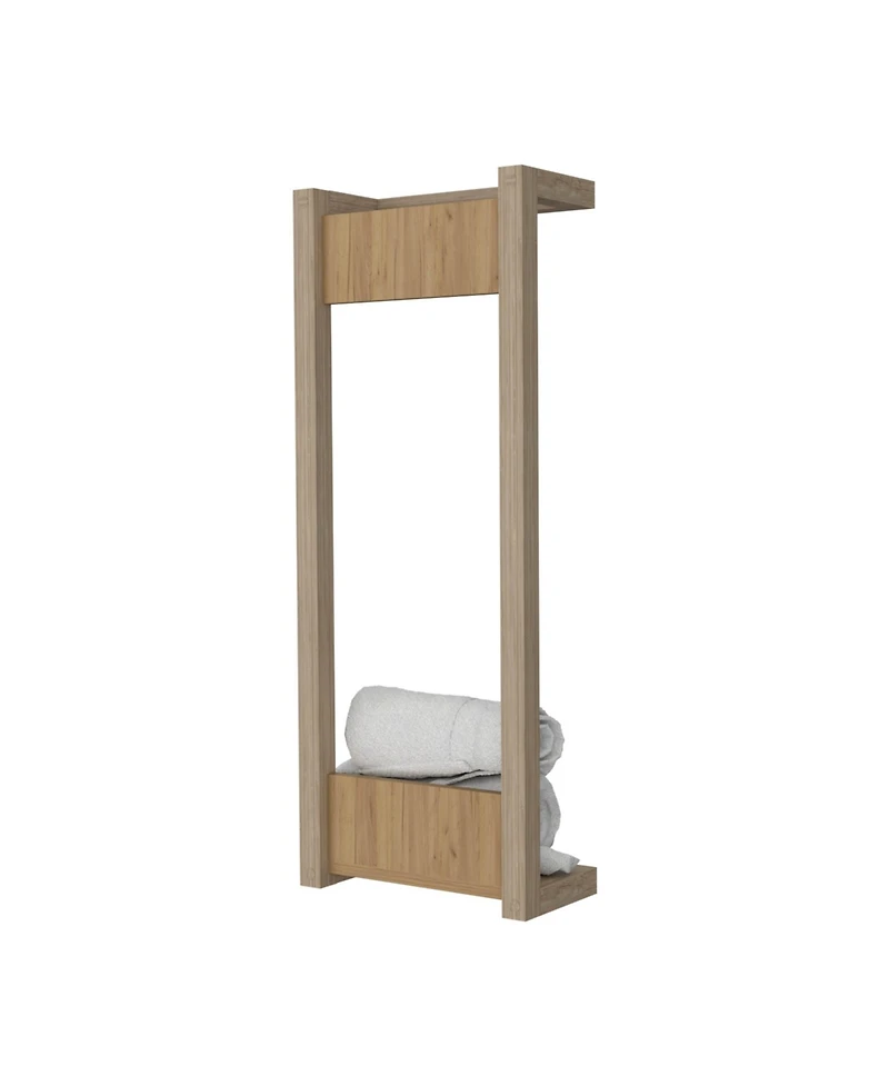 Fm Furniture Washan Towel Rack, wall-mounted design, open vertical frame, integrated lower shelf for folded towels, sturdy and lightweight structure,